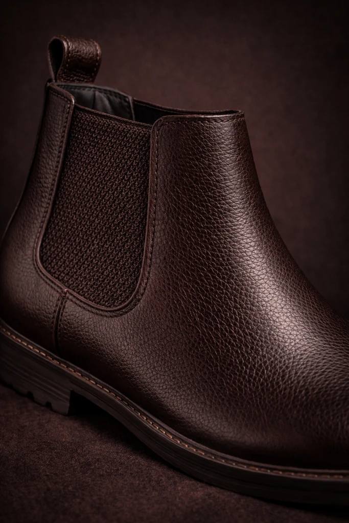 Close-up of a brown pebbled-leather Chelsea boot